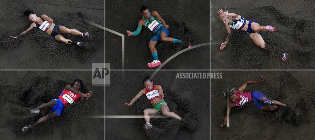 Morry Gash Jumpers, from top left, Darya Reznichenko, of Uzbekistan, Almir Dos Santos, of Brazil, Darya Klishina, of the Russian Olympic Committee, Maykel Masso, of Cuba, Anasztazia Nguyen, of Hungary, and Juvaughn Harrison, of United States, compete at the 2020 Summer Olympics in Tokyo. (AP Photos/Morry Gash)