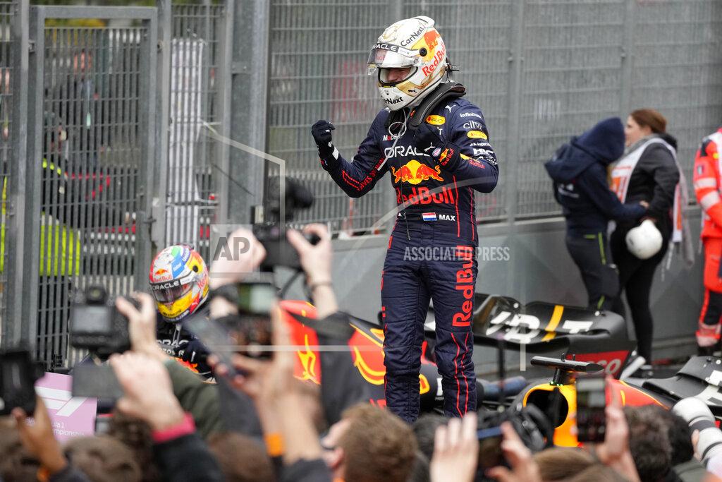 Luca Bruno Red Bull driver Max Verstappen of the Netherlands celebrates after winning the Emilia Romagna Formula One Grand Prix, at the Enzo and Dino Ferrari racetrack, in Imola, Italy, Sunday, April 24, 2022. (AP Photo/Luca Bruno)