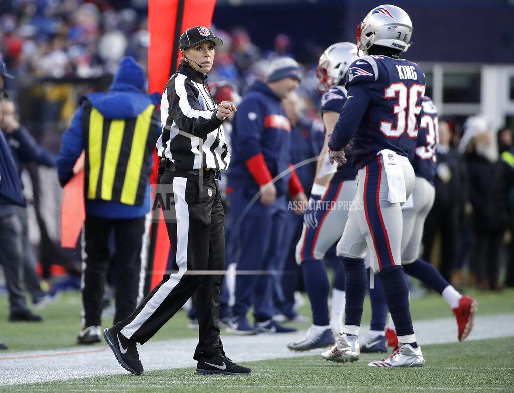 Elise Amendola Down judge Sarah Thomas works along the sideline during the second half of an NFL divisional playoff football game between the Los Angeles Chargers and the New England Patriots, Sunday, Jan. 13, 2019, in Foxborough, Mass. Thomas is the first woman to officiate an NFL playoff game. (AP Photo/Elise Amendola)