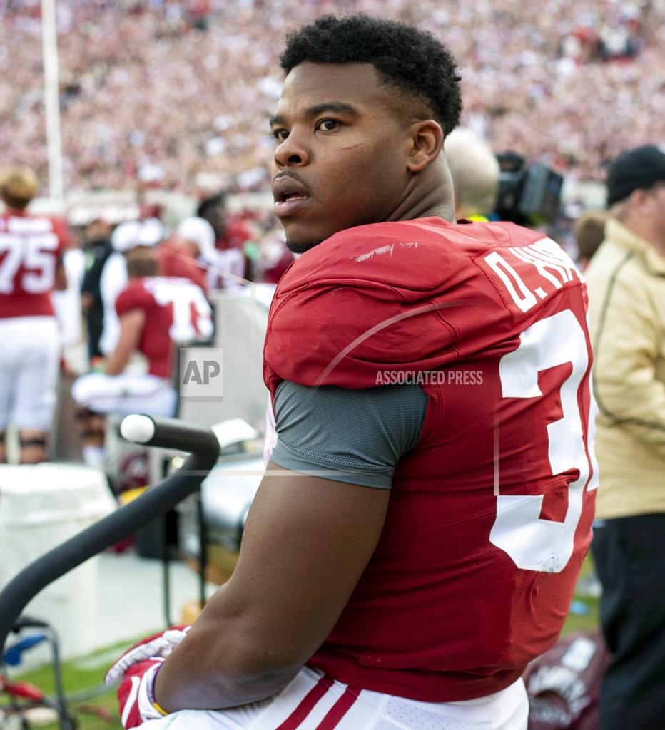 Vasha Hunt Alabama running back Damien Harris (34) rides a stationary bike during the first half of an NCAA college football game, against Auburn, Saturday, Nov. 24, 2018, in Tuscaloosa, Ala. (AP Photo/Vasha Hunt)