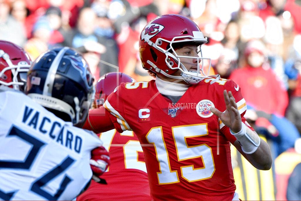 Ed Zurga Kansas City Chiefs' Patrick Mahomes throws during the first half of the NFL AFC Championship football game against the Tennessee Titans Sunday, Jan. 19, 2020, in Kansas City, MO. (AP Photo/Ed Zurga)
