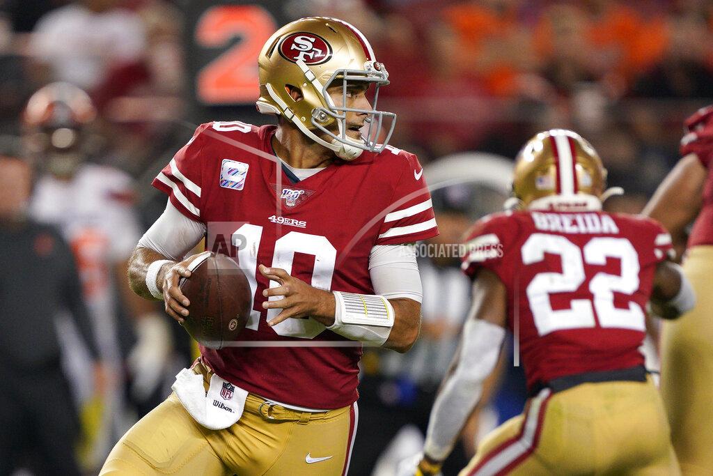 Tony Avelar San Francisco 49ers quarterback Jimmy Garoppolo (10) passes against the Cleveland Browns during the second half of an NFL football game in Santa Clara, Calif., Monday, Oct. 7, 2019. (AP Photo/Tony Avelar)