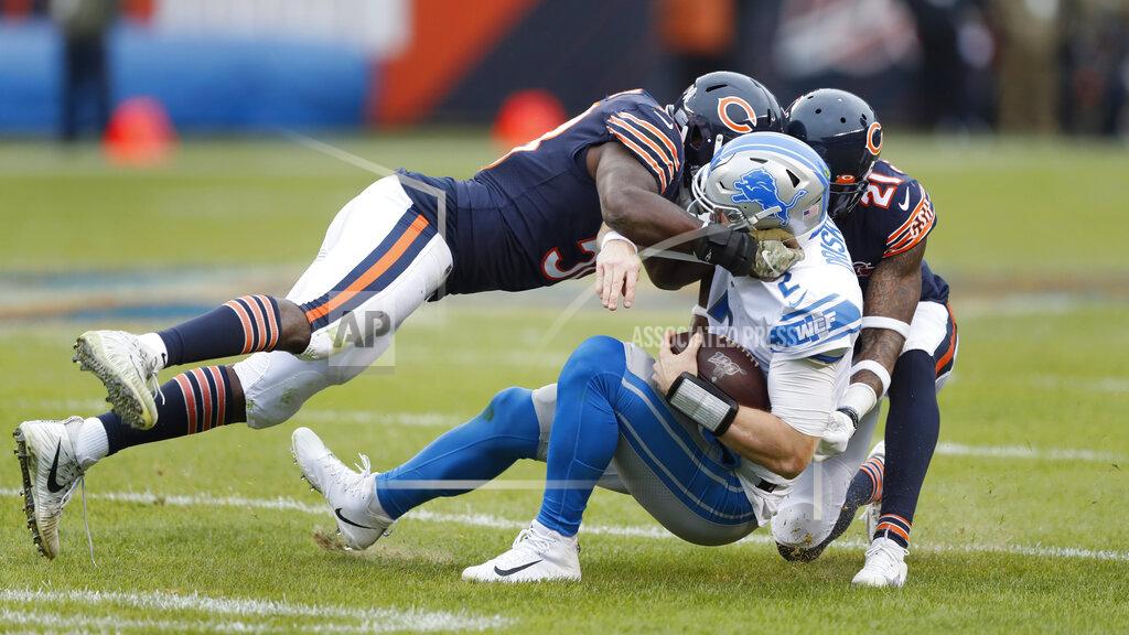 Charlie Neibergall Detroit Lions quarterback Jeff Driskel (2) is sacked by Chicago Bears inside linebacker Roquan Smith (58) and strong safety Ha Ha Clinton-Dix (21) during the second half of an NFL football game in Chicago, Sunday, Nov. 10, 2019. (AP Photo/Charlie Neibergall)