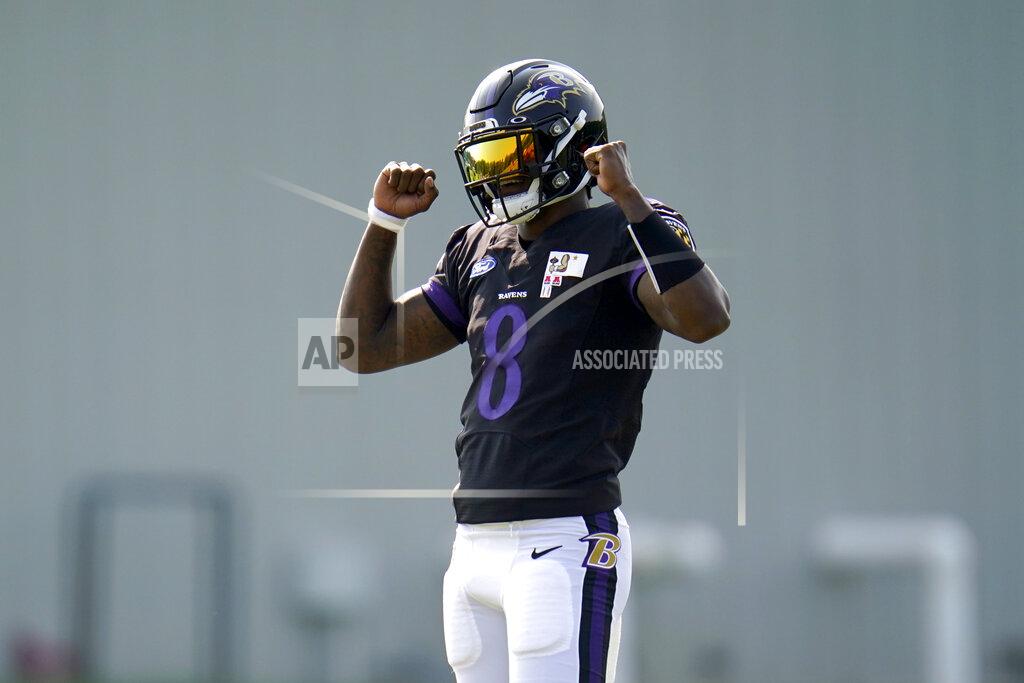 Julio Cortez FILE - Baltimore Ravens quarterback Lamar Jackson reacts after running a drill during an NFL football training camp practice, Tuesday, Aug. 25, 2020, in Owings Mills, Md. The Ravens play at the Cleveland Browns on Sunday, Sept. 13, 2020.(AP Photo/Julio Cortez, File)