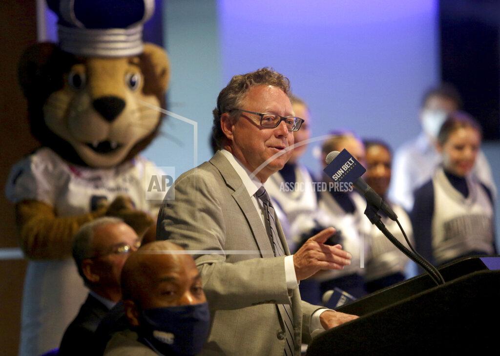 Old Dominion University athletic director Wood Selig officially announces that the Monarchs are joining the Sun Belt Conference during a press conference Thursday, Oct. 28, 2021, in Norfolk, Va. (Stephen M. Katz/The Virginian-Pilot via AP)