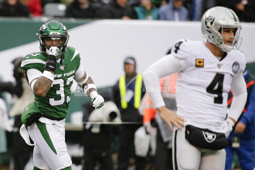 Seth Wenig New York Jets strong safety Jamal Adams (33) celebrates after sacking Oakland Raiders quarterback Derek Carr (4) during the first half of an NFL football game Sunday, Nov. 24, 2019, in East Rutherford, N.J. (AP Photo/Seth Wenig)