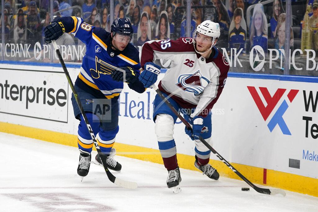 Jeff Roberson Colorado Avalanche's Andre Burakovsky (95) looks to pass as St. Louis Blues' Vince Dunn (29) defends during the third period of an NHL hockey game Thursday, April 22, 2021, in St. Louis. (AP Photo/Jeff Roberson)