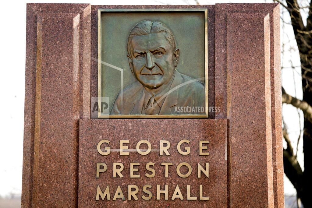 Andrew Harnik FILE - In this Dec. 14, 2017, file photo, the George Preston Marshall monument outside RFK stadium in Washington is shown. The Washington Redskins are removing former owner George Preston Marshall from their ring of fame and striking all references to him on their website, a spokesman confirmed Wednesday, June 24, 2020. It's the latest move made to cut ties with the legacy of the team's racist founder, who refused to integrate by signing Black players until “forced to do so” in 1962, more than a decade after the rest of the NFL. (AP Photo/Andrew Harnik, File)