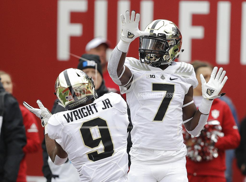 Darron Cummings Purdue wide receiver Isaac Zico (7) celebrates a touchdown reception with Terry Wright during the first half of an NCAA college football game against Indiana, Saturday, Nov. 24, 2018, in Bloomington, Ind. (AP Photo/Darron Cummings)