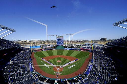 Charlie Riedel A B-2 Stealth Bomber flies over Kauffman Stadium before a baseball game between the Kansas City Royals and the Texas Rangers on Thursday, April 1, 2021, in Kansas City, Mo. (AP Photo/Charlie Riedel)
