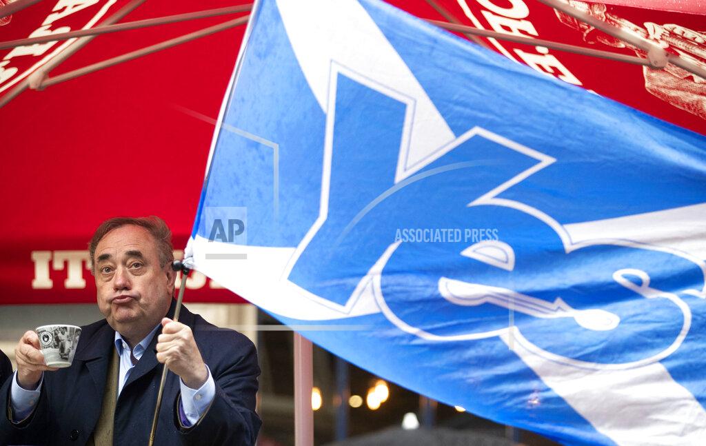 Jane Barlow Alba Party leader Alex Salmond during his election campaign trail visit to the Scotsman Lounge in Edinburgh, Scotland, Monday May 3, 2021. Virus lockdown social liberty measures and Scottish independence are among the most divisive questions being debated ahead of upcoming Scottish Parliamentary Election on May 6. (Jane Barlow/PA via AP)