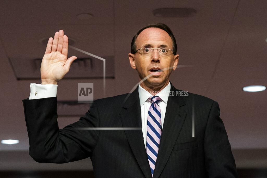 Jim Lo Scalzo Former Deputy Attorney General Rod Rosenstein is sworn in before a Senate Judiciary Committee hearing on Capitol Hill in Washington, Wednesday, June 3, 2020. (Jim Lo Scalzo/Pool via AP)