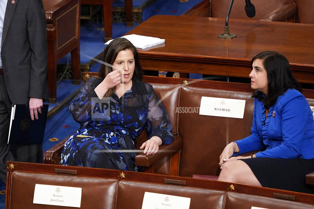 J. Scott Applewhite House Republican Conference Chair Elise Stefanik, R-N.Y., left, speaks with Rep. Nicole Malliotakis, R-N.Y., as they await a speech by Greek Prime Minister Kyriakos Mitsotakis to a joint meeting of Congress, at the Capitol in Washington, Tuesday, May 17, 2022. (AP Photo/J. Scott Applewhite)
