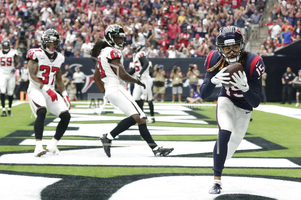 Houston Texans wide receiver Will Fuller (15) catches a pass for a touchdown against the Atlanta Falcons during the first half of an NFL football game Sunday, Oct. 6, 2019, in Houston. (AP Photo/David J. Phillip)