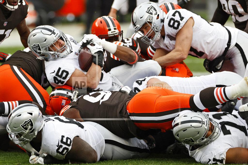 Ron Schwane Las Vegas Raiders fullback Alec Ingold (45) rushes for a first down during the first half of an NFL football game against the Cleveland Browns, Sunday, Nov. 1, 2020, in Cleveland. (AP Photo/Ron Schwane)