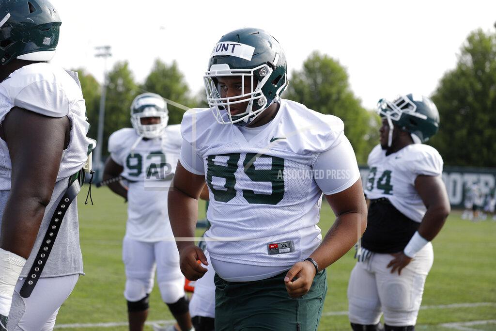 Al Goldis Michigan State defensive lineman Jalen Hunt attends an NCAA college football practice, Monday, Aug. 12, 2019, in East Lansing, Mich. (AP Photo/Al Goldis)