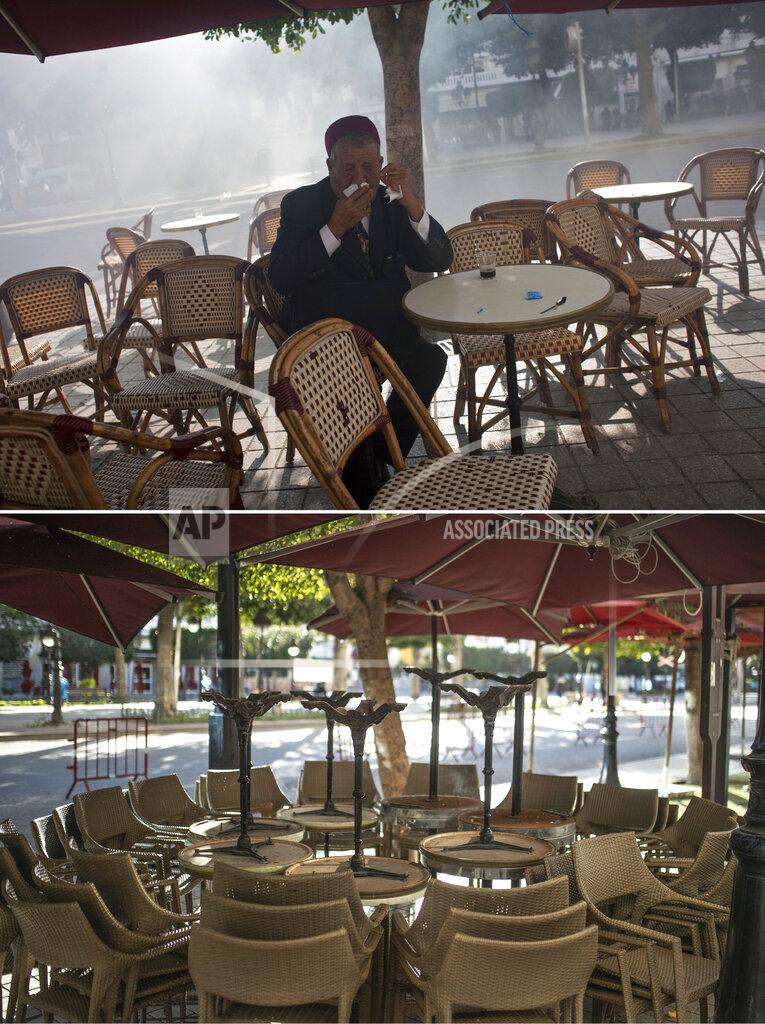 Uncredited A combo image showing a man trying to breathe through a cloth as teargas during a demonstration against former Tunisian President Zine El Abidine Ben Ali in the center of Tunis, Monday, Jan. 17. 2011 top, and empty chairs and tables packed outside a close street cafe in Tunis' landmark Avenue Habib Bourgiba, where massive protests took place in 2011, on the tenth anniversary of the uprising, during to a national lockdown after a surge in Covid-19 cases, in Tunis, Thursday, Jan. 14, 2021. Tunisia is commemorating the 10th anniversary since the flight into exile of its iron-fisted leader, Zine El Abidine Ben Ali, pushed from power in a popular revolt that foreshadowed the so-called Arab Spring. But there will be no festive celebrations Thursday marking the revolution in this North African nation, ordered into lockdown to contain the coronavirus. (AP Photo/Thibault Camus, Mosa'ab Elshamy)