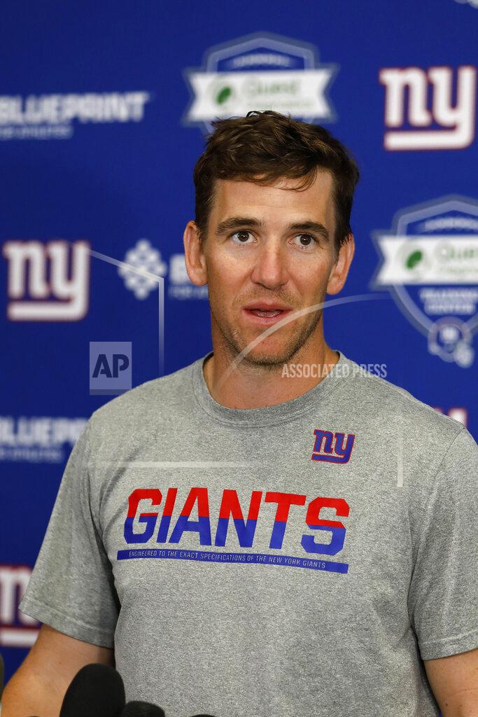 Adam Hunger New York Giants quarterback Eli Manning speaks with the media following an NFL football practice Monday, May 20, 2019, in East Rutherford, N.J. (AP Photo/Adam Hunger)