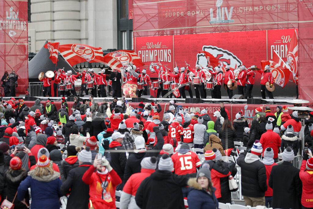 Orlin Wagner Kansas City Chiefs Rumble performs during a Super Bowl rally in Kansas City, Mo., Wednesday, Feb. 5, 2020. (AP Photo/Orlin Wagner)