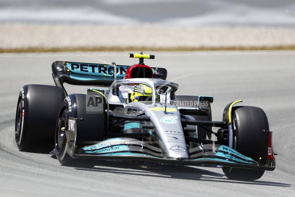Joan Monfort Mercedes driver Lewis Hamilton of Britain steers his car during practice session at the Barcelona Catalunya racetrack in Montmelo, Spain, Friday, May 20, 2022. The Formula One race will be held on Sunday. (AP Photo/Joan Monfort)