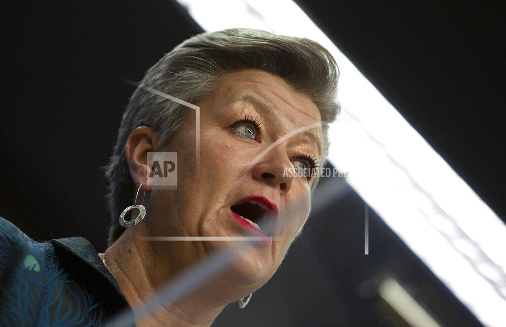 Virginia Mayo European Commissioner for Home Affairs Ylva Johansson speaks during a media conference after a meeting of EU interior ministers at the European Council building in Brussels, Friday, Nov. 13, 2020. (AP Photo/Virginia Mayo, Pool)
