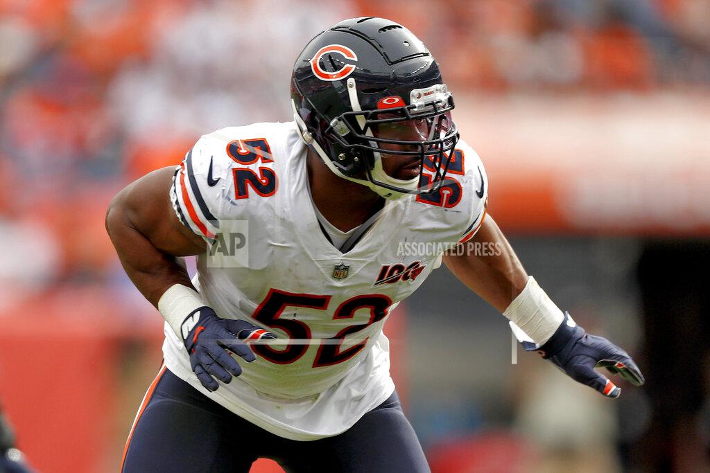 David Zalubowski Chicago Bears outside linebacker Khalil Mack (52) runs a play during the second half of an NFL football game against the Denver Broncos, Sunday, Sept. 15, 2019, in Denver. (AP Photo/David Zalubowski)