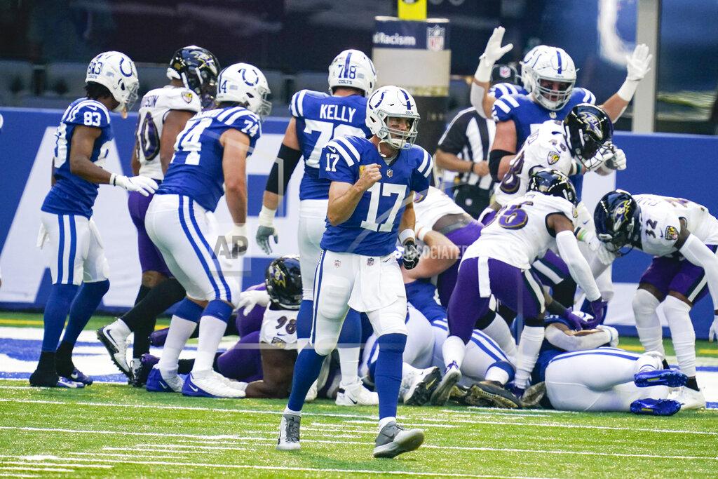 Darron Cummings Indianapolis Colts quarterback Philip Rivers (17) celebrates a touchdown against the Baltimore Ravens in the first half of an NFL football game in Indianapolis, Sunday, Nov. 8, 2020. (AP Photo/Darron Cummings)