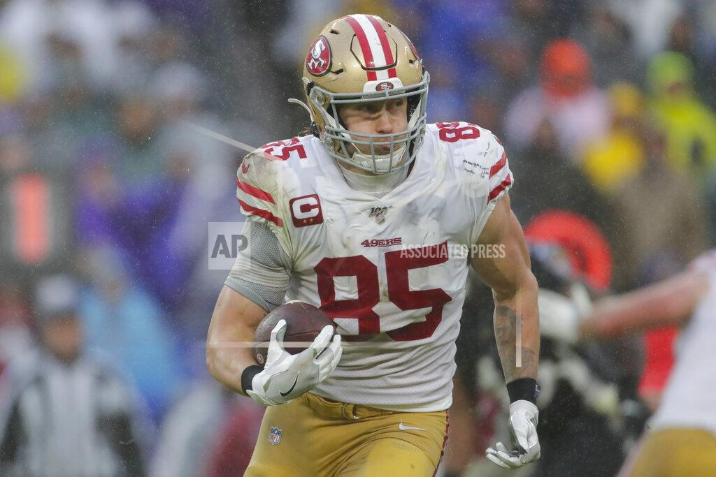 Julio Cortez San Francisco 49ers tight end George Kittle (85) runs with ball against the Baltimore Ravens in the second half of an NFL football game, Sunday, Dec. 1, 2019, in Baltimore, Md. (AP Photo/Julio Cortez)