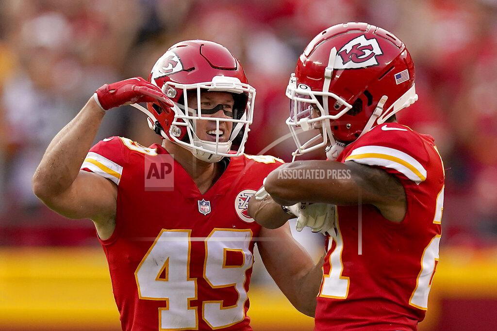 Charlie Riedel Kansas City Chiefs cornerback Mike Hughes, right, celebrates with defensive back Daniel Sorensen (49) after intercepting a pass intended for Cleveland Browns tight end Harrison Bryant during the second half of an NFL football game Sunday, Sept. 12, 2021, in Kansas City, Mo. (AP Photo/Charlie Riedel)