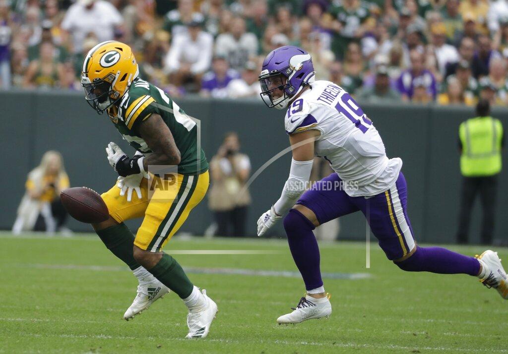 Morry Gash Green Bay Packers' Jaire Alexander can't intercept a pass intended for Minnesota Vikings' Adam Thielen during the second half of an NFL football game Sunday, Sept. 15, 2019, in Green Bay, Wis. (AP Photo/Morry Gash)