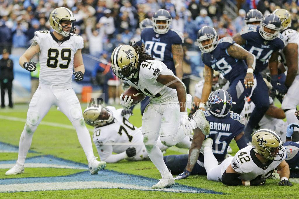 James Kenney New Orleans Saints running back Alvin Kamara (41) scores a touchdown on a 1-yard run against the Tennessee Titans in the second half of an NFL football game Sunday, Dec. 22, 2019, in Nashville, Tenn. (AP Photo/James Kenney)