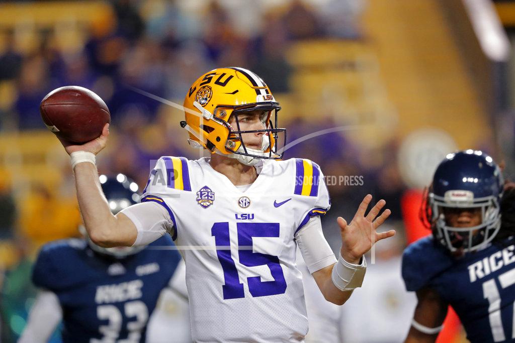 Gerald Herbert LSU quarterback Myles Brennan (15) passes in the second half of an NCAA college football game against Rice in Baton Rouge, La., Saturday, Nov. 17, 2018. (AP Photo/Gerald Herbert)