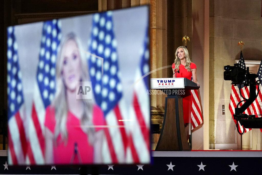 Lara Trump tapes her speech for the third day of the Republican National Convention from the Andrew W. Mellon Auditorium in Washington, Wednesday, Aug. 26, 2020. (AP Photo/Susan Walsh)