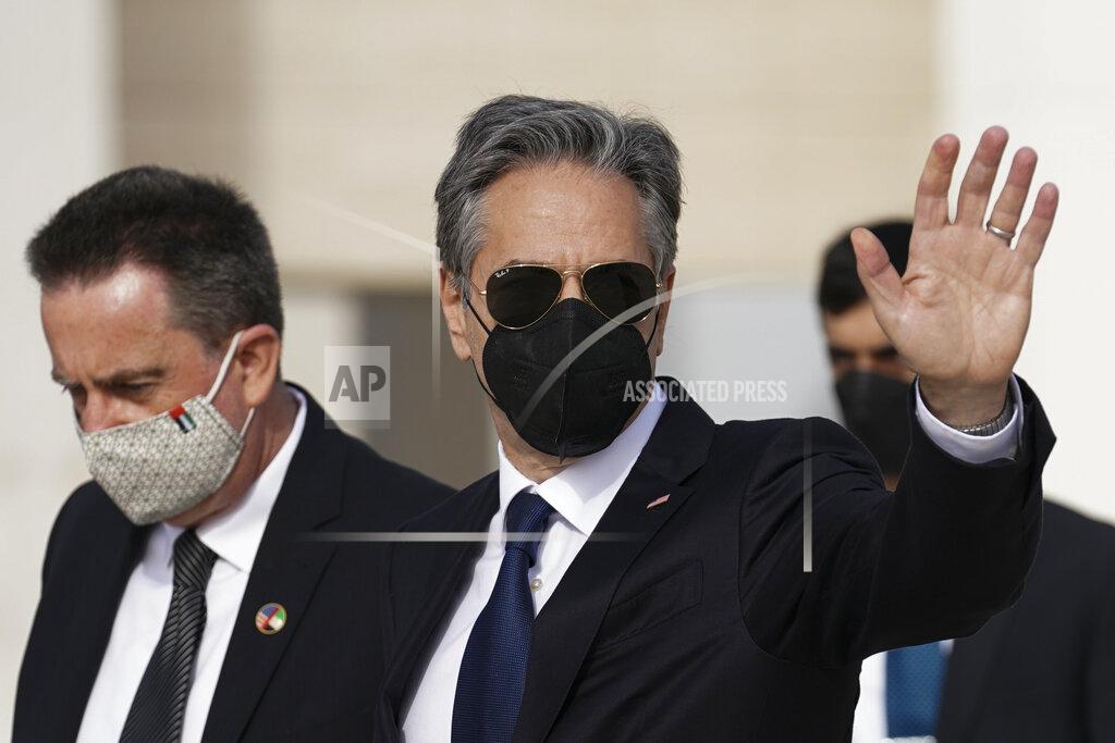 Kevin Lamarque U.S. Secretary of State Antony Blinken, center, arrives in the United Arab Emirates to offer condolences to new leader Sheikh Mohammed bin Zayed Al Nahyan on the death of his half-brother President Khalifa bin Zayed, in Abu Dhabi, United Arab Emirates Monday, May 16, 2022. (Kevin Lamarque/Pool Photo via AP)