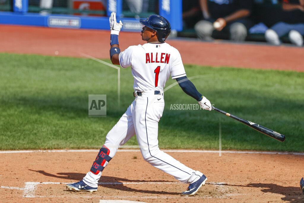 Ron Schwane Cleveland Indians' Greg Allen hits a three-run home run off Detroit Tigers pitcher Joe Jiménez during the ninth inning of a baseball game, Sunday, Aug. 23, 2020, in Cleveland. (AP Photo/Ron Schwane)