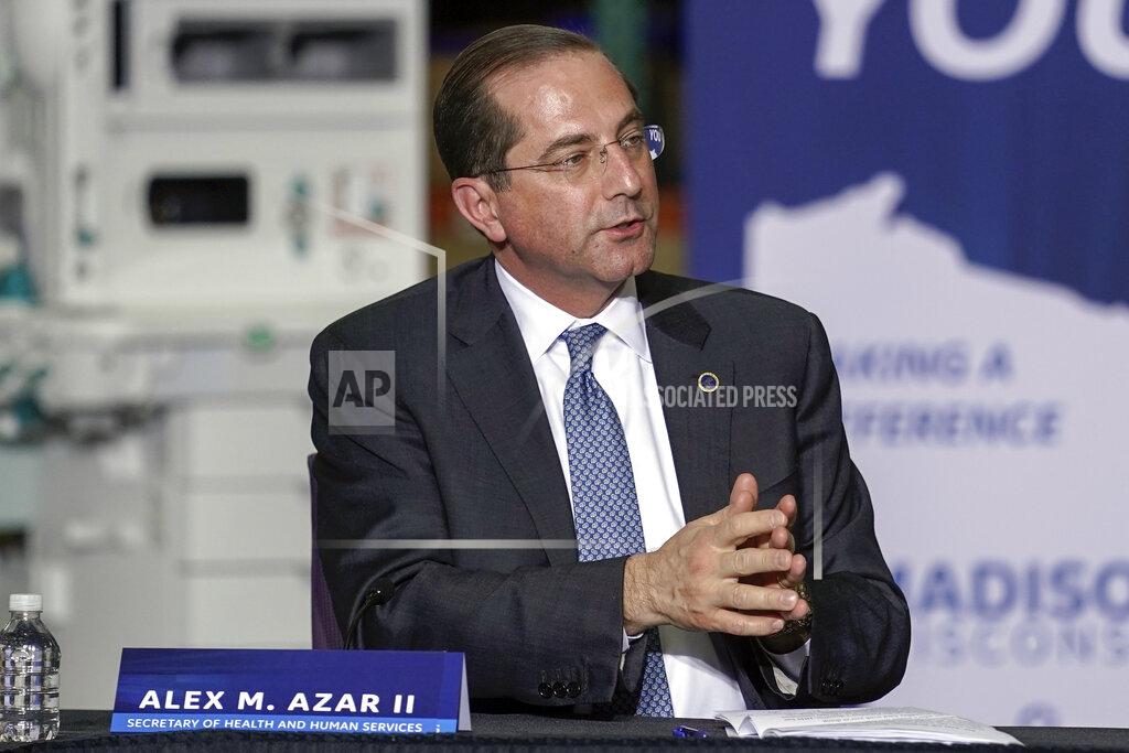 Morry Gash Health and Human Services Secretary Alex Azar speaks during a visit to the GE Healthcare manufacturing facility Tuesday April 21, 2020, in Madison, Wis. (AP Photo/Morry Gash)