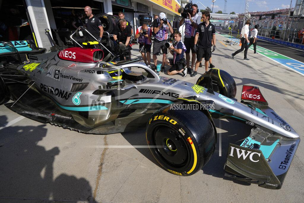 Darko Bandic Mercedes driver Lewis Hamilton of Britain leaves pits during the second free practice session for the Hungarian Formula One Grand Prix at the Hungaroring racetrack in Mogyorod, near Budapest, Hungary, Friday, July 29, 2022. The Hungarian Formula One Grand Prix will be held on Sunday. (AP Photo/Darko Bandic)