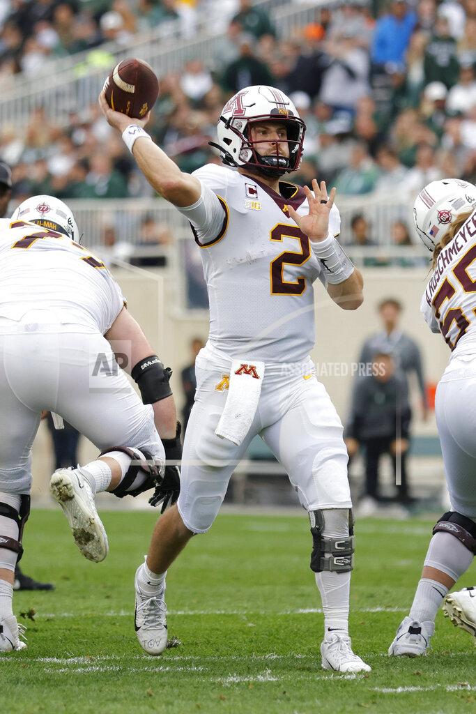 Al Goldis Minnesota quarterback Tanner Morgan throws a pass during the second half of an NCAA college football game against Michigan State, Saturday, Sept. 24, 2022, in East Lansing, Mich. Minnesota won 34-7. (AP Photo/Al Goldis)