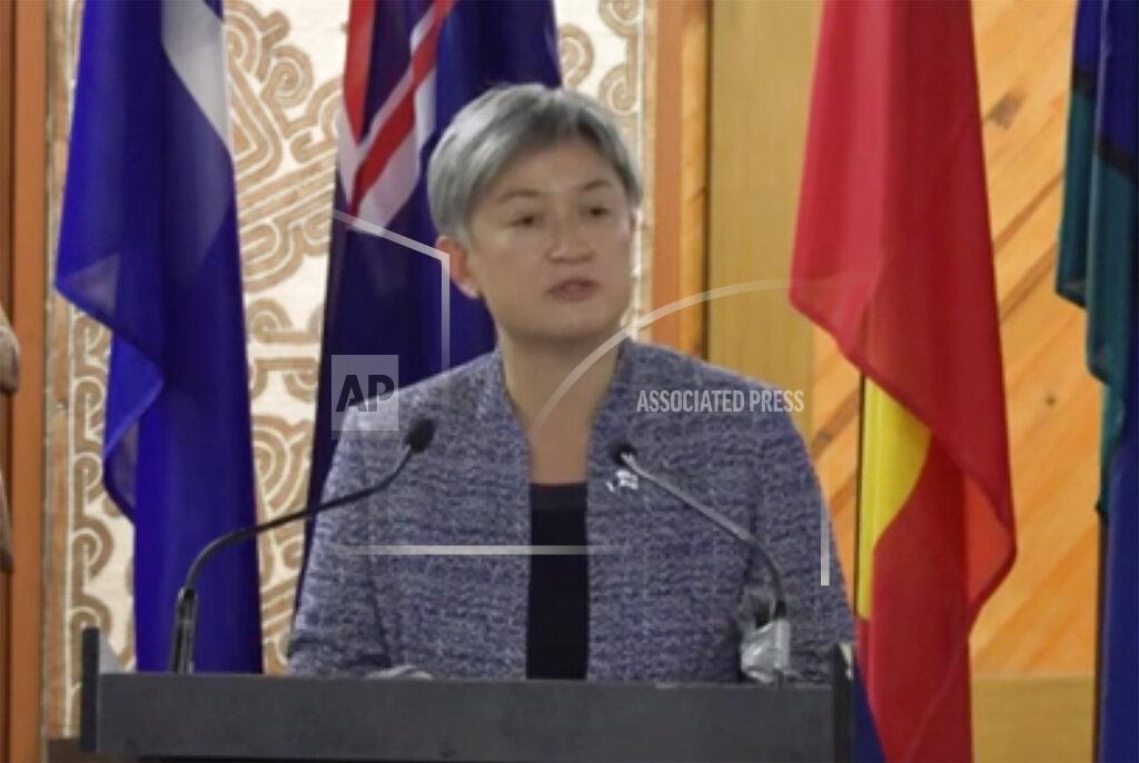 Uncredited In this image taken from video, Australian Foreign Minister Penny Wong speaks during a keynote address at the Pacific Islands Forum Secretariat, Thursday, May 26, 2022, in Suva, Fiji. (Australian Dept. of Foreign Affairs and Trade via AP)