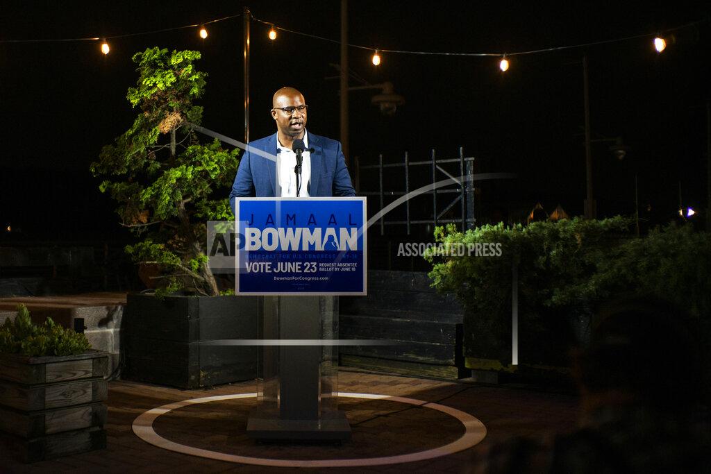 Eduardo Munoz Alvarez Democratic congressional candidate Jamaal Bowman speaks to attendees during his election night party, Tuesday, June 23, 2020, in New York. (AP Photo/Eduardo Munoz Alvarez)
