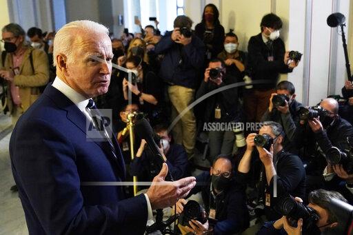 President Joe Biden speaks to the media after meeting privately with Senate Democrats, Thursday, Jan. 13, 2022, on Capitol Hill in Washington. (AP Photo/Andrew Harnik)
