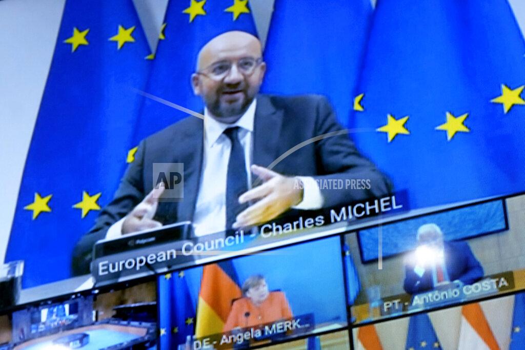 Olivier Hoslet European Council President Charles Michel, top of screen, speaks to EU leaders during an EU summit, in video conference format, at the European Council in Brussels, Friday, June 19, 2020. As they brace for the worst economic downturn since the Great Depression, leaders of the European Union's member states will discuss on Friday the bloc's future long-term budget and a multi-billion post-coronavirus recovery plan. (Olivier Hoslet, Pool Photo via AP)