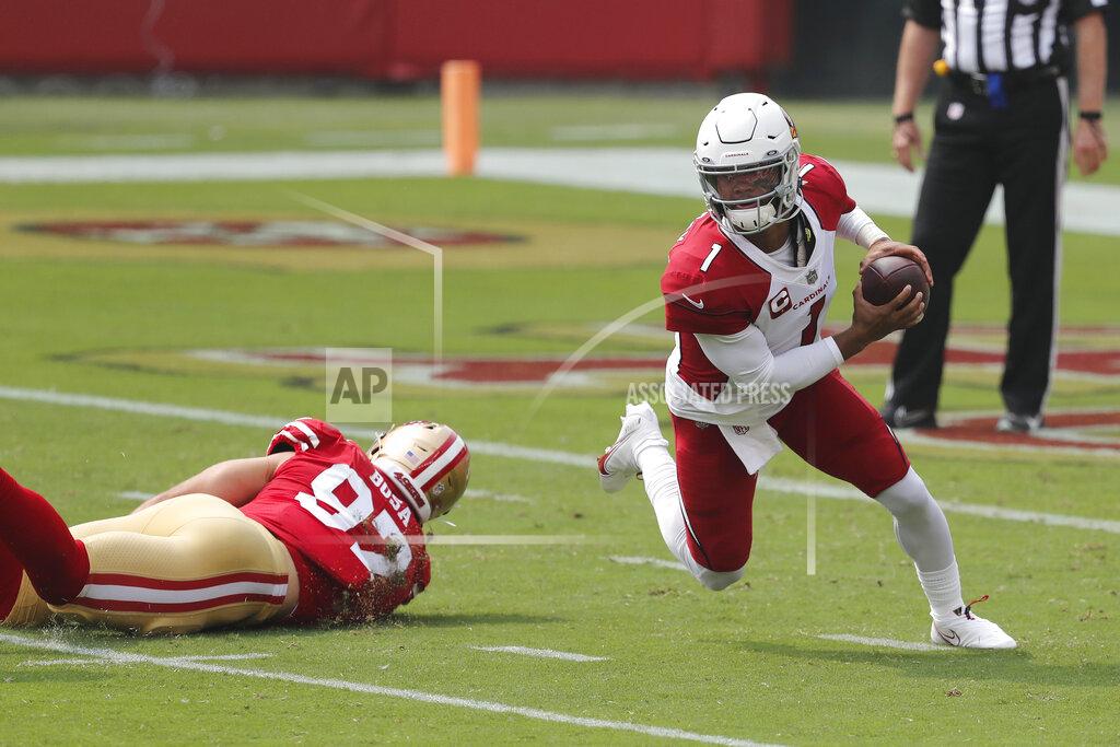Josie Lepe Arizona Cardinals quarterback Kyler Murray (1) scrambles from San Francisco 49ers defensive end Nick Bosa during the first half of an NFL football game in Santa Clara, Calif., Sunday, Sept. 13, 2020. (AP Photo/Josie Lepe)