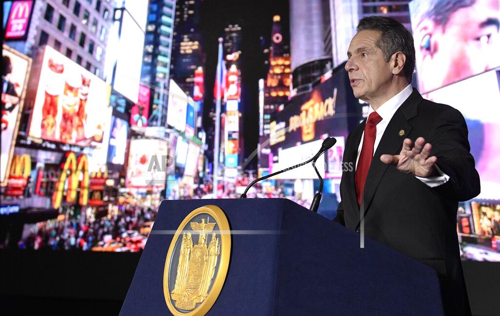 New York Gov. Andrew Cuomo delivers his State of the State address virtually from The War Room at the state Capitol, Monday, Jan. 11, 2021, in Albany, N.Y. (AP Photo/Hans Pennink, Pool)