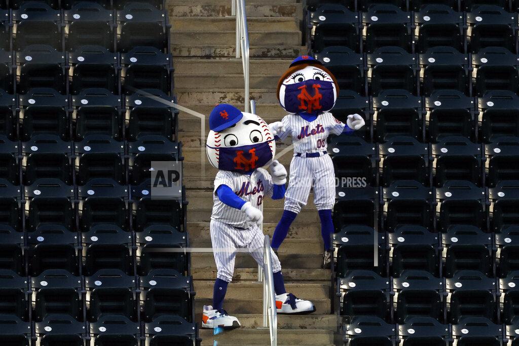 Adam Hunger New York Mets mascots dance in the stands during a break in play in a baseball game between the Atlanta Braves and the Mets on Sunday, July 26, 2020, in New York. (AP Photo/Adam Hunger)