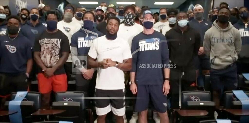 Uncredited In a screenshot from a Zoom call, Tennessee Titans players speak about the decision to cancel NFL football practice Thursday, Aug. 27, 2020, in Nashville, Tenn. Several NFL teams canceled practice in response to the shooting of Jacob Blake, a Black man, in Wisconsin. In front are safety Kevin Byard, left, and quarterback Ryan Tannehill, right. (AP Photo)