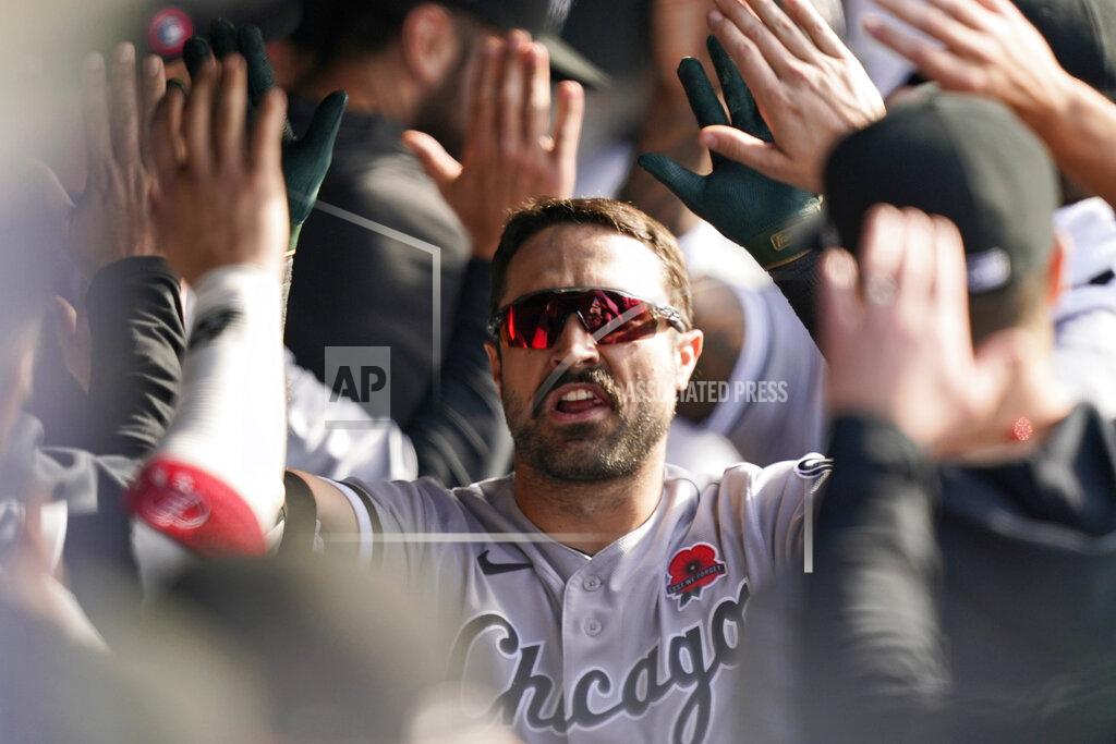 Tony Dejak Chicago White Sox's Adam Eaton is congratulated after hitting a two-run home run in the eighth inning of the first baseball game of a doubleheader against the Cleveland Indians, Monday, May 31, 2021, in Cleveland. (AP Photo/Tony Dejak)