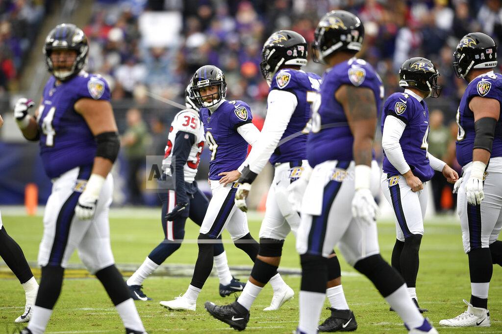Nick Wass Baltimore Ravens kicker Justin Tucker, center left, reacts after missing a field goal against the Houston Texans during the first half of an NFL football game, Sunday, Nov. 17, 2019, in Baltimore. (AP Photo/Nick Wass)