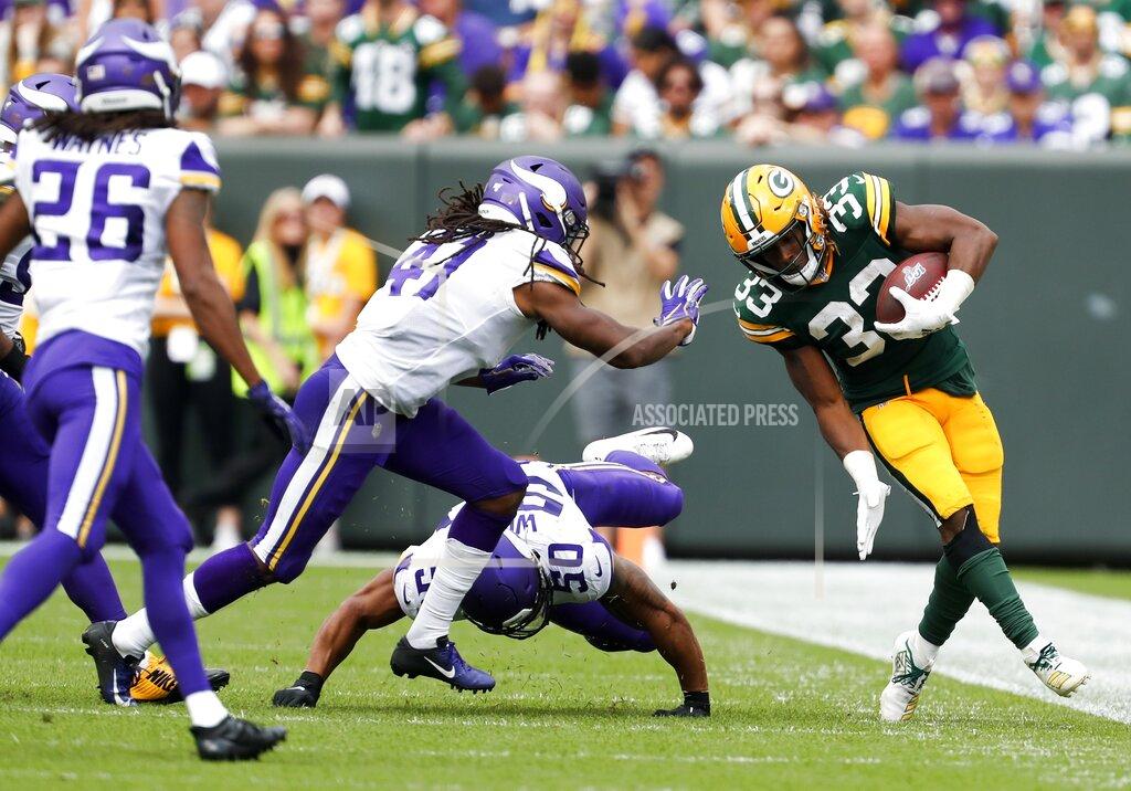Matt Ludtke Green Bay Packers' Aaron Jones runs during the second half of an NFL football game against the Minnesota Vikings Sunday, Sept. 15, 2019, in Green Bay, Wis. (AP Photo/Matt Ludtke)