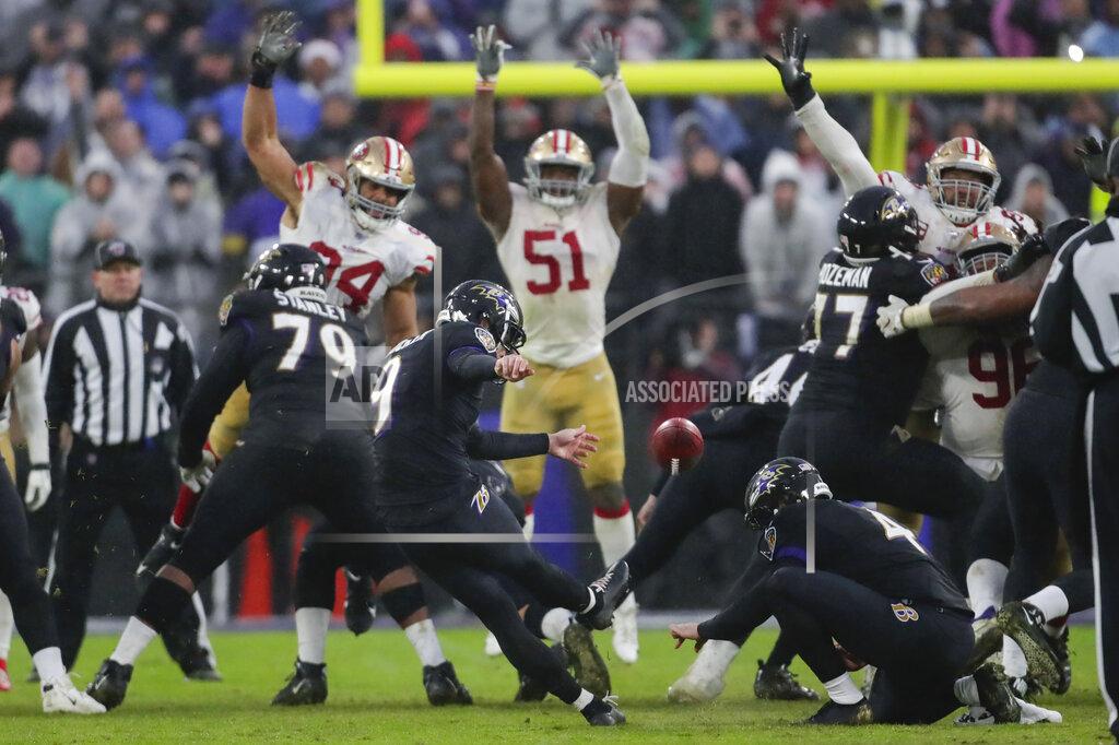 Julio Cortez Baltimore Ravens kicker Justin Tucker (9) kicks the game winning field goal against the San Francisco 49ers in the second half of an NFL football game, Sunday, Dec. 1, 2019, in Baltimore, Md. Ravens won 20-17. (AP Photo/Julio Cortez)